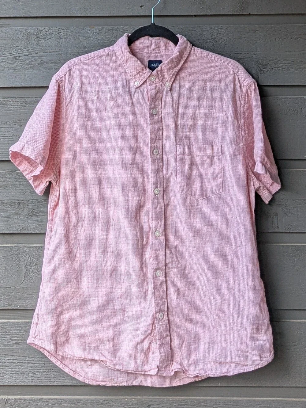 J. Crew Factory Short-Sleeve Linen-Blend Shirt Seasoned Red Houndstooth Large